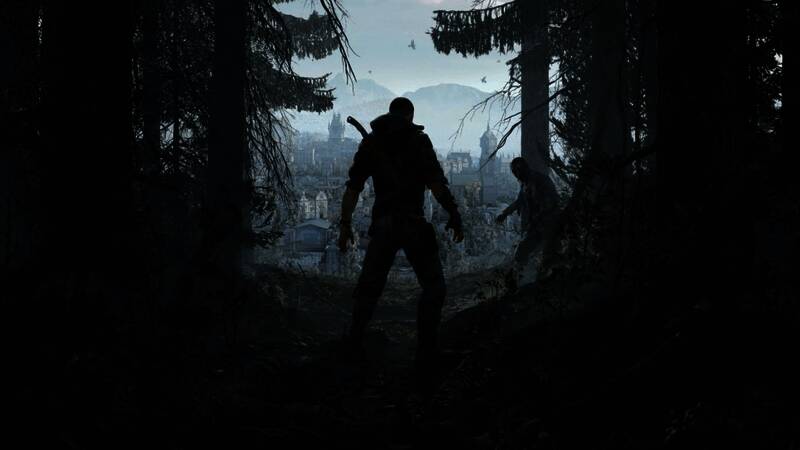 凯尔在废墟中奔跑的画面，背景是灰暗天空与破损建筑群落