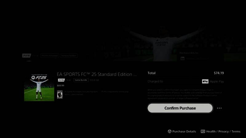 PlayStation 5商店界面展示Apple Pay支付选项，用户正在选择支付方式