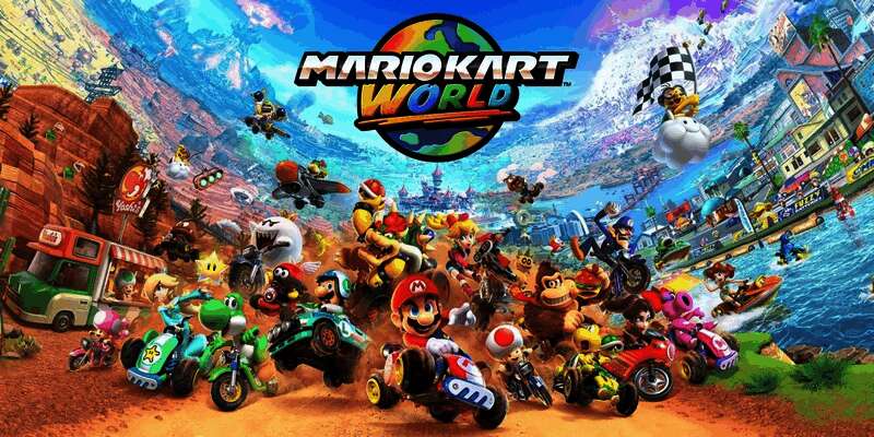 《马里奥赛车：世界》游戏中一幅桥梁海报的广告画面，线条模糊、细节缺失