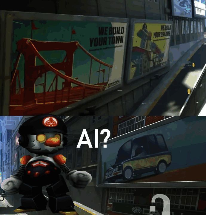 一座楼层排列奇怪、结构混乱的摩天大楼广告画面，位于桥梁海报旁