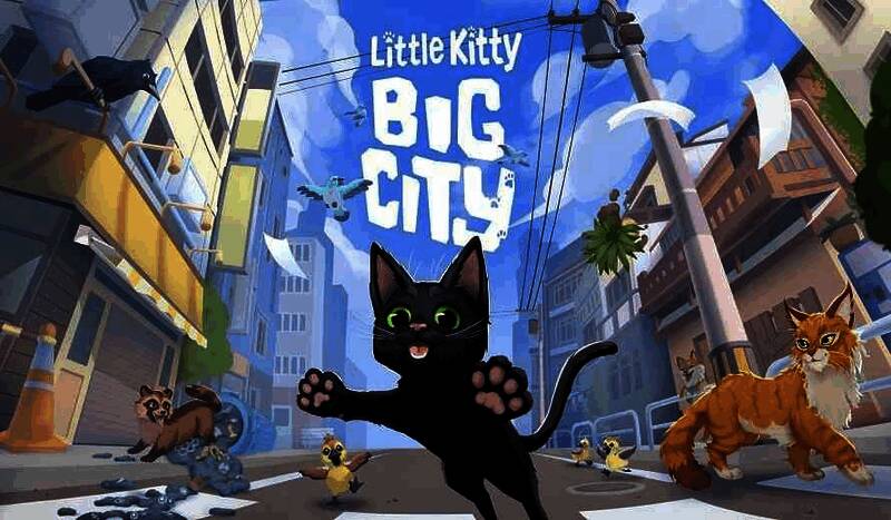 一只可爱的卡通猫咪站在城市屋顶上，背景是色彩缤纷的都市夜景