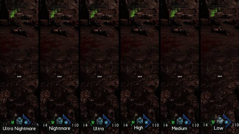 《毁灭战士：黑暗时代》不同画质设定对比图，展示高低画质差异