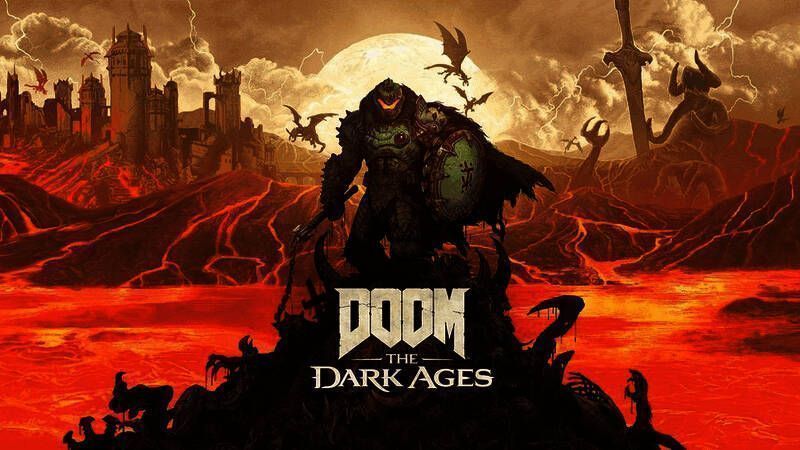 游戏封面展示，主角手持霰弹枪，背景是阴暗的地狱战场