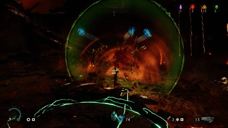 地狱般的战场环境，烟雾弥漫，远处有巨型恶魔身影