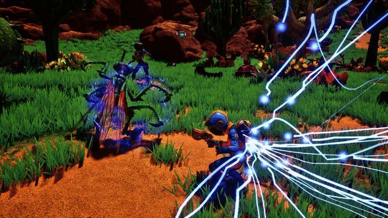 游戏场景截图，展示主角在奇异地貌环境中进行探索，周围漂浮着发光植物