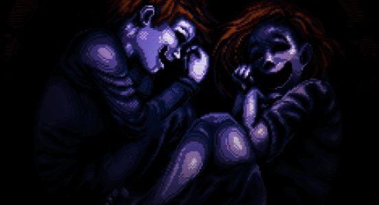 游戏场景截图，展示一个被阴影笼罩的客厅，墙上的时钟指针指向午夜十二点