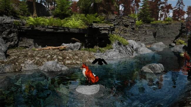 游戏结尾画面，狐狸与乌鸦站在悬崖边缘，身后光芒万丈象征使命完成