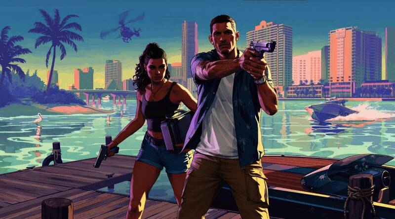 《GTA6》预告片画面，背景为城市夜景，画面中央为一车辆疾驰而过