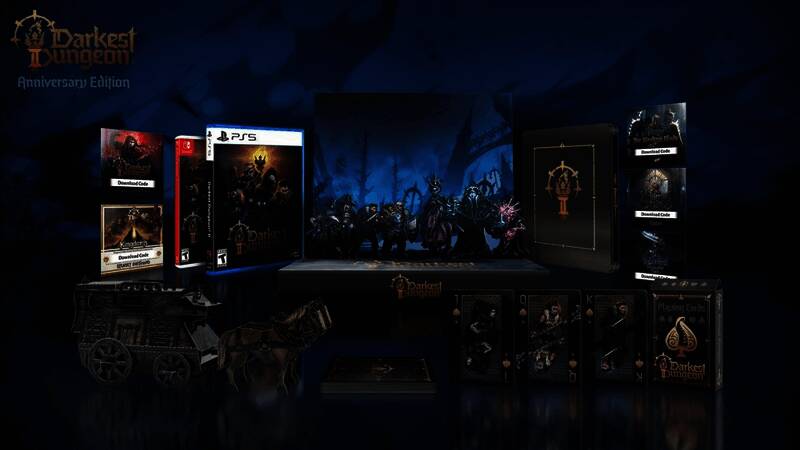 《暗黑地牢2》实体周年纪念版外包装展示，精美金属盒子配以游戏主题插画