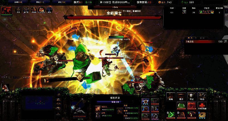 刀塔大闯关中英雄开局画面，随机选择龙骑士或幻影刺客，氛围紧张