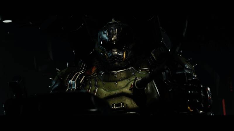 主角身穿重甲，在废墟中与恶魔军团激战的场景截图