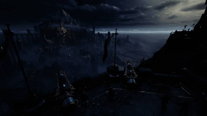 主角穿越阴森森林的场景，远处可见燃烧的天空与恶魔轮廓