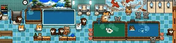 线条小狗在电脑桌面上经营温泉馆的场景，背景为办公环境