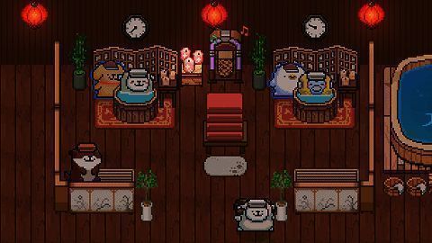 游戏内温泉馆场景展示，小动物们正在泡温泉、玩耍