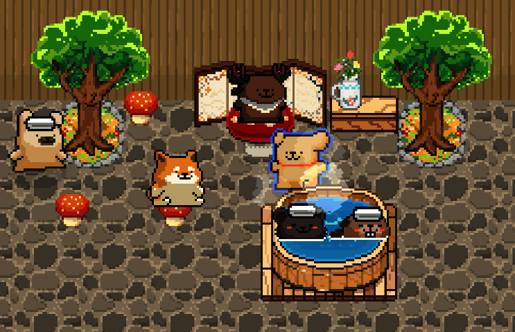 线条小狗在温泉馆中与小动物们合影的画面，整体氛围温馨治愈