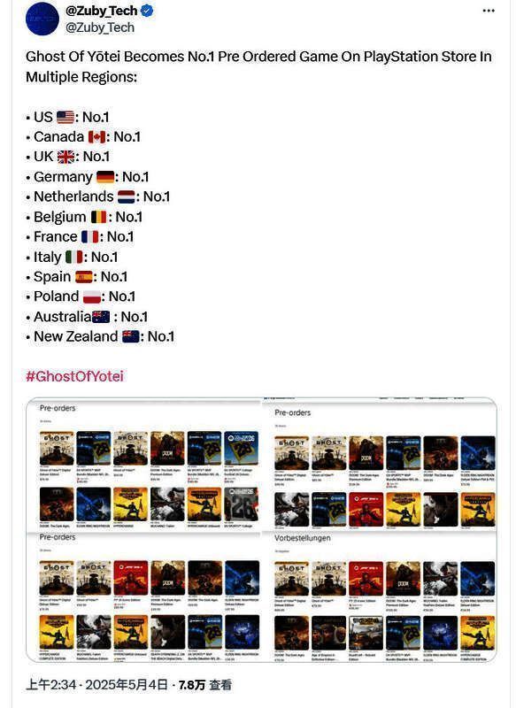 《羊蹄山之魂》在多个地区预购榜排名靠前