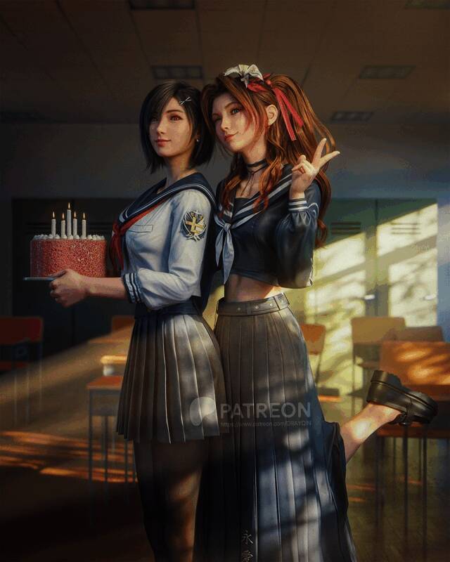 蒂法身穿黑丝JK制服，手持武器摆出战斗姿态，背景为暗色调突出角色魅力