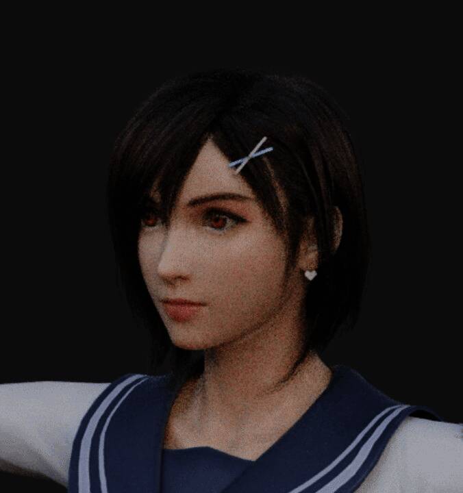 近距离展示蒂法面部表情与服装细节，黑色丝袜质感逼真