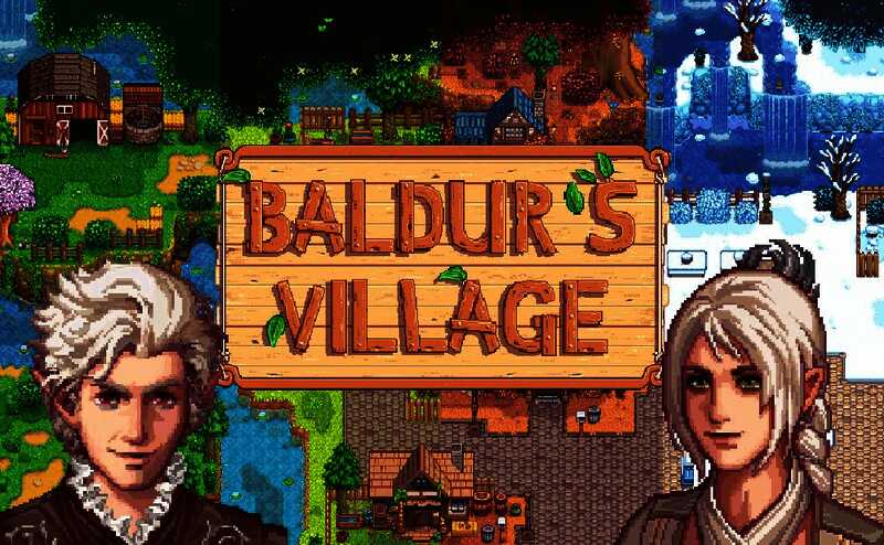 游戏模组作品《博德村》界面截图，呈现《博德之门3》角色融入《星露谷物语》世界