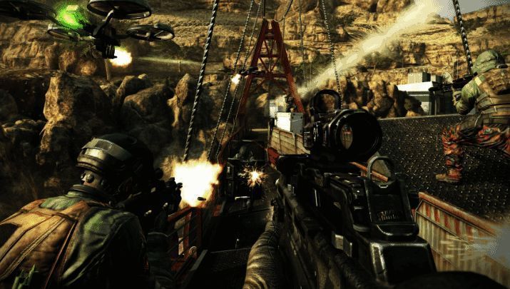 《使命召唤2025》概念图展示未来战场场景，高科技武器与城市废墟交织