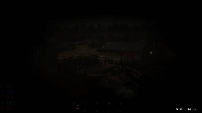 玩家在废墟中遭遇变异生物，手持武器紧张对峙的瞬间