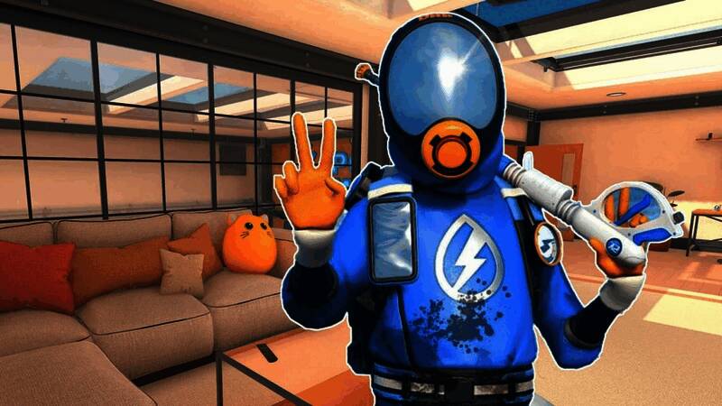 《冲就完事模拟器2》游戏场景展示，主角手持高压水枪准备清理一座被灰尘覆盖的雕像