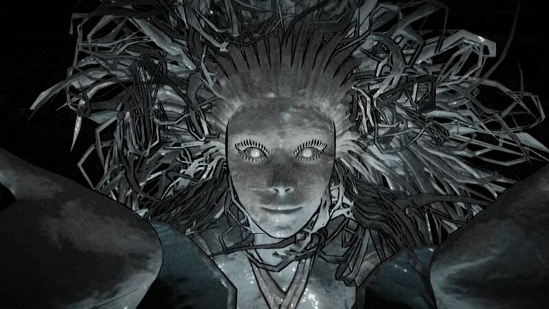 游戏中黑暗风格场景，阴影中隐约可见诡异妖怪轮廓