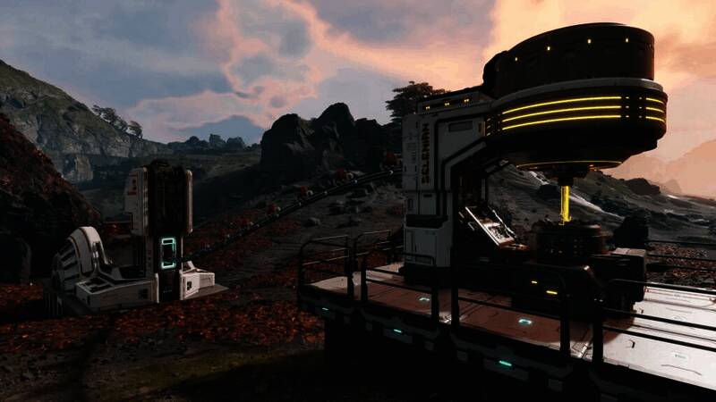 《星际裂变》游戏截图，展示星球表面壮观的地貌与未来感十足的基地结构