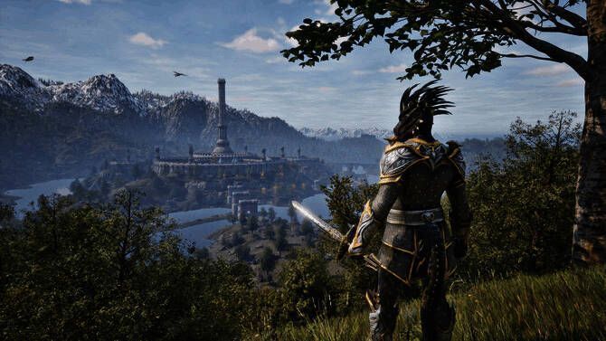 《上古卷轴4：重制版》游戏场景，角色站在废墟前准备战斗