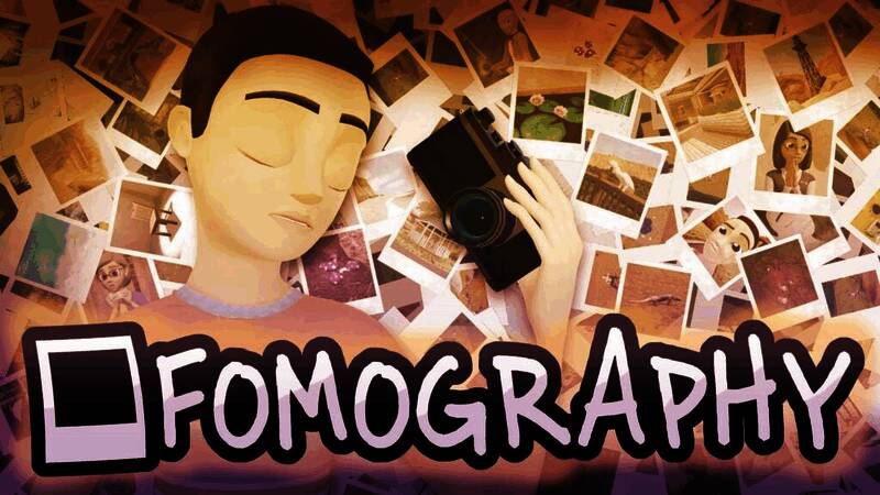 《FOMOGRAPHY》游戏封面图，画面中一位老人手持相机，背景是梦幻般的自然风光