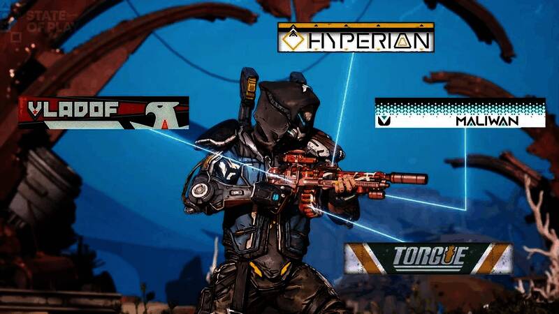 《无主之地4》游戏实机画面，角色手持一把造型独特的武器进行战斗