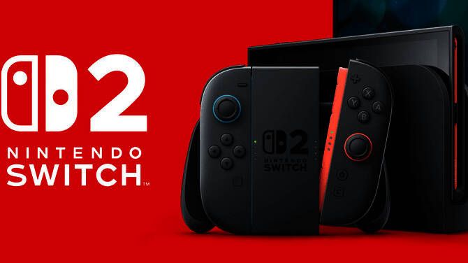 任天堂Switch 2主机及周边产品展示图，主机呈手持模式，旁边摆放着Joy-Con手柄和支架