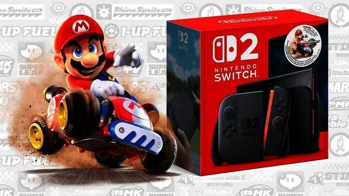 任天堂Switch 2包装盒与配件展示图，盒子上印有Switch标志，旁边摆放着充电器与连接线