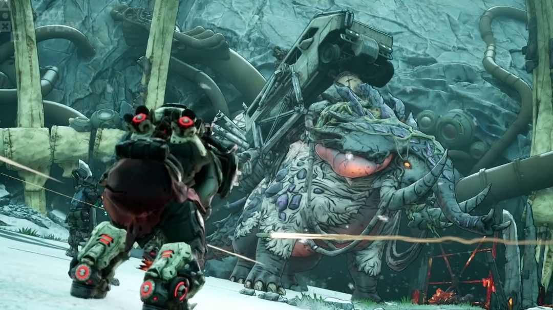 最终Boss战画面，四位秘藏猎人合力迎战巨型机械守卫