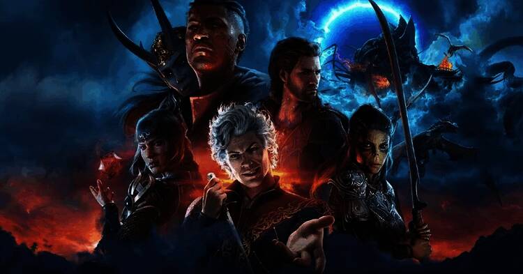 《博德之门3》角色战斗场景，队伍成员在废墟中展开策略性战斗