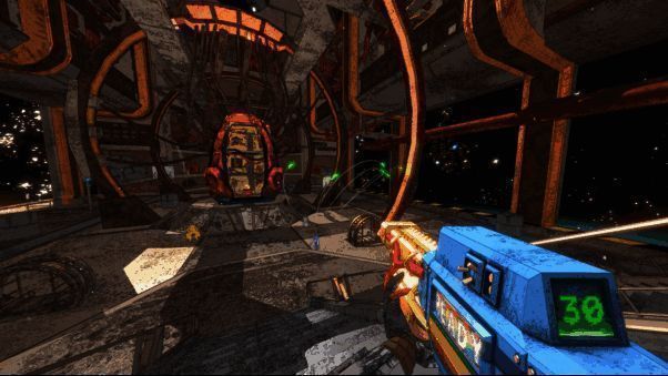 游戏中两名机器人在真菌丛林中战斗，周围遍布发光孢子与变异生物