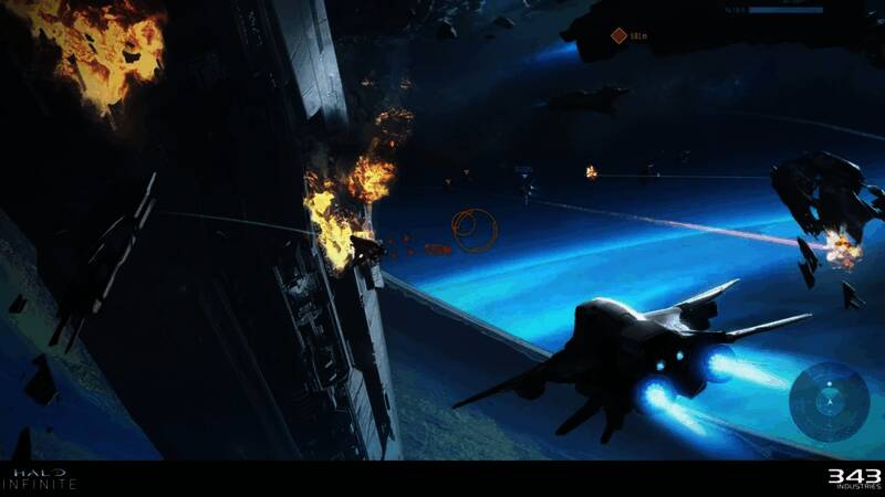 343工作室成员正在会议室中激烈讨论项目方案，墙上投影着《光环》系列发展路线图