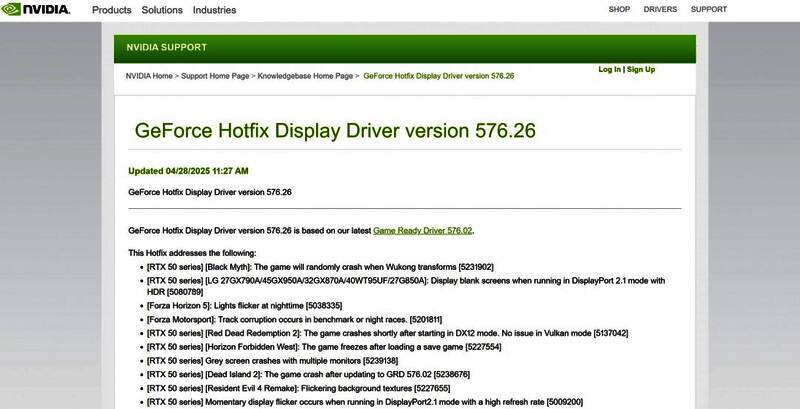英伟达新驱动发布界面，展示修复内容列表