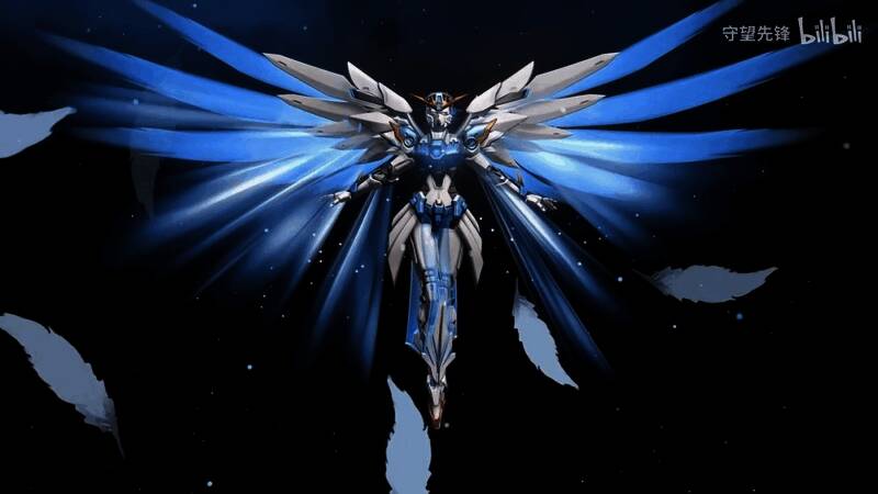 天使驾驶飞翼零式的高燃战斗画面，背景为未来都市与爆炸特效