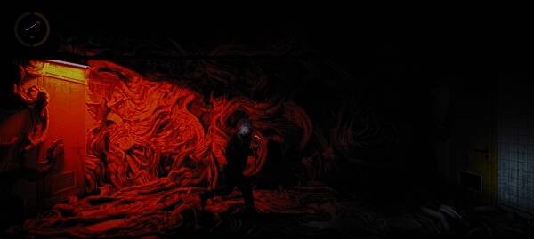 战斗界面截图，角色与诡异敌人对峙，气氛压抑紧张