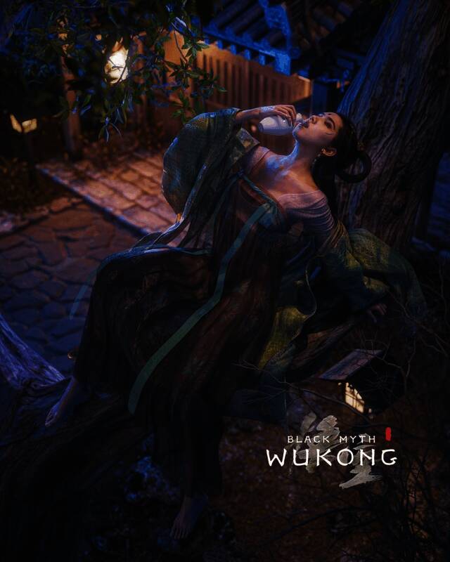 蜘蛛二姐赤脚坐在树枝上，手捧酒瓶品饮美酒，姿态妩媚