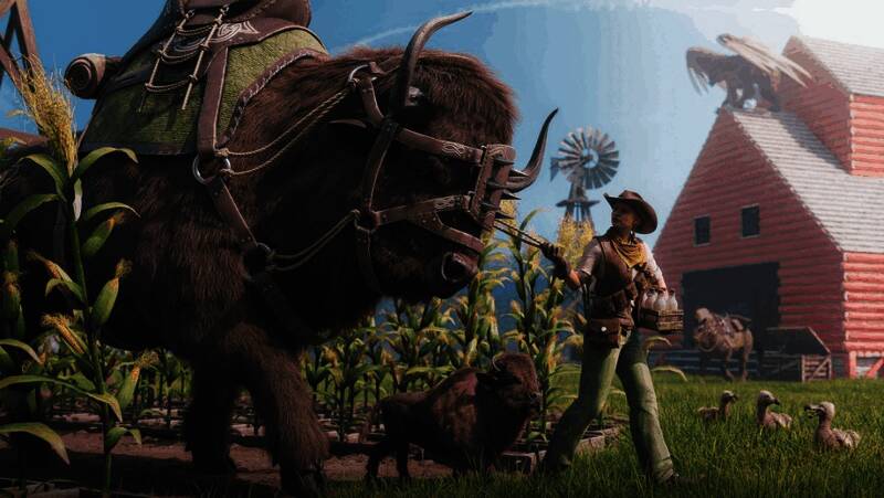 游戏内野牛在草地上奔跑的壮观场景，背景为雪山和阳光交错的自然景观