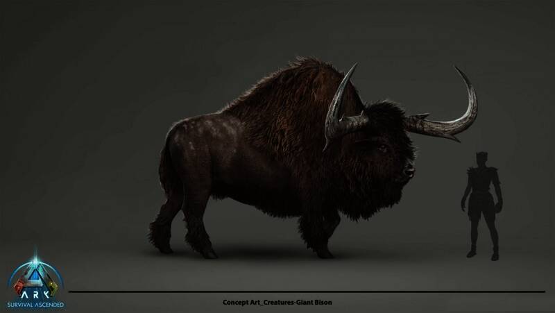 游戏内玩家与野牛互动的场景，周围分布着资源采集点和建筑平台