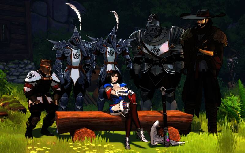 大雷公主与五名角色并肩而立，背景为中世纪风格城堡，整体氛围神秘且充满战斗气息