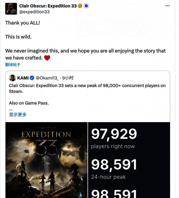 官方Twitter截图，内容为感谢玩家并庆祝在线人数突破记录