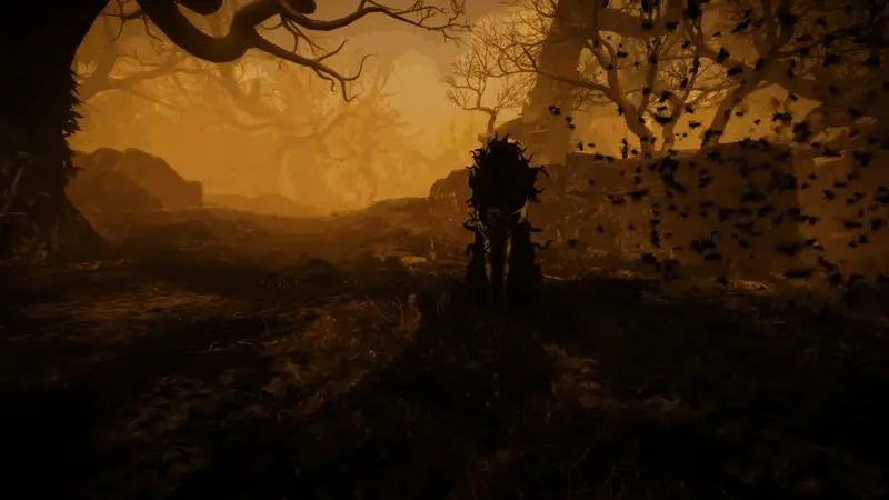 主角站在悬崖边缘俯瞰一座古老废墟，身后是乌云密布的天空