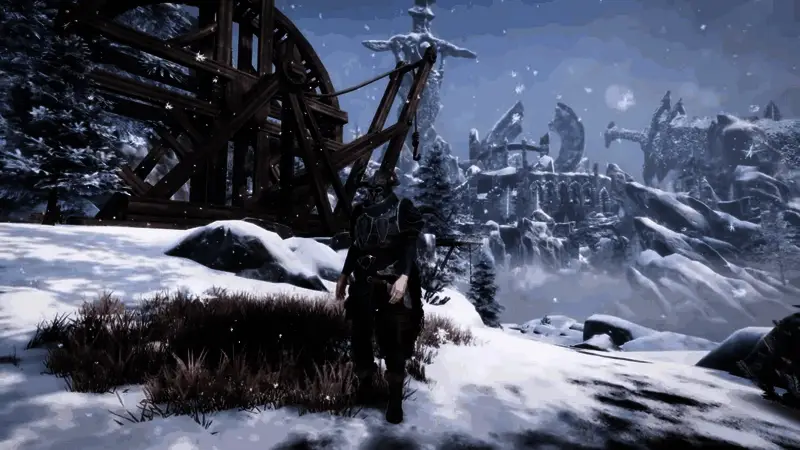 战斗场景展示，角色挥舞长剑对抗巨型怪物，周围环境破败而神秘