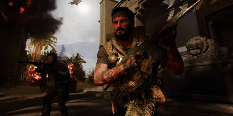 《使命召唤：黑色行动7》概念图，画面中展示了一名身穿未来作战装备的士兵手持突击步枪准备突入建筑