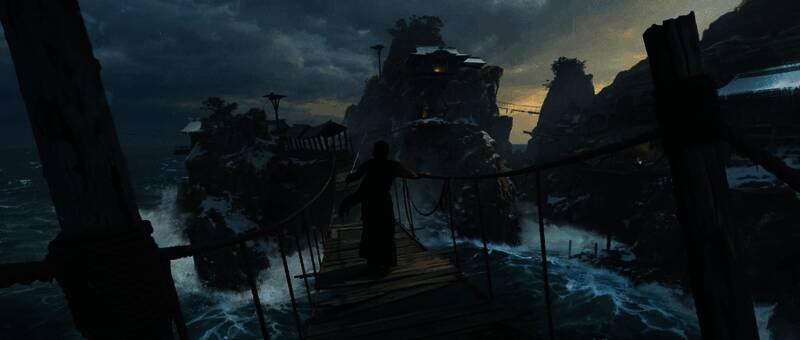 女主笃站在燃烧的银杏树下，背后是模糊的敌人剪影，象征复仇的起点