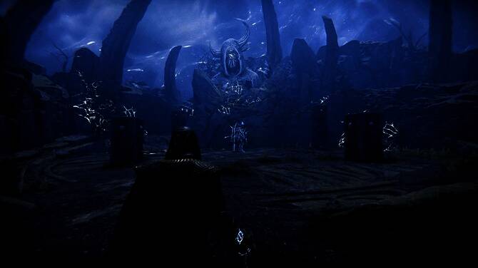 主角在昏暗的地下洞穴中探索，墙壁上刻满古老的符文，地面上散落着破损的盔甲与武器